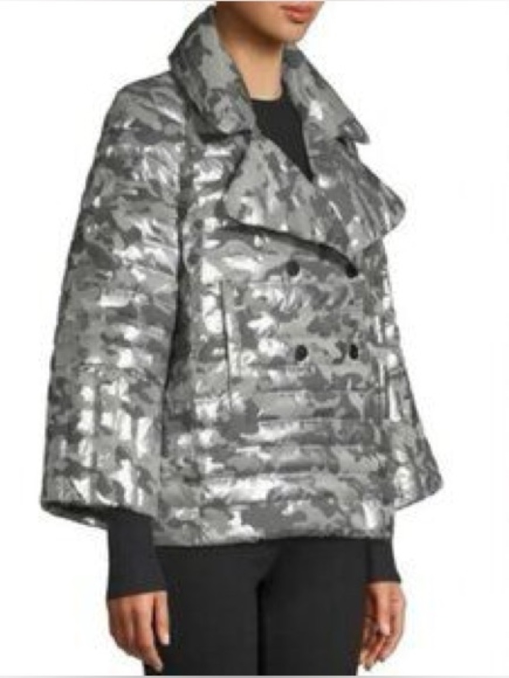 THINK ROYLN Marilyn Quilted Shiny Silver Gray Camo Puffer Jacket Women's Small